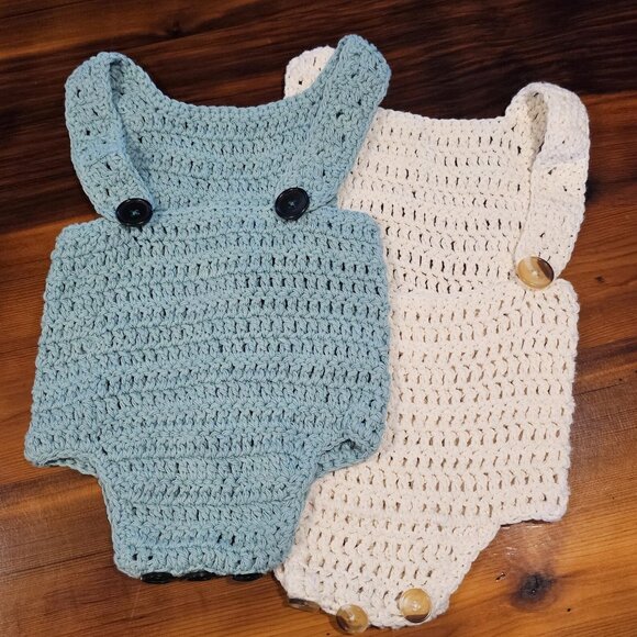 Pair of Hand Knit Cotton Baby Rompers - Picture 2 of 8